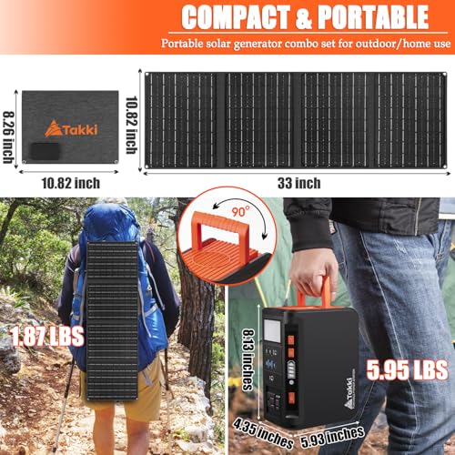 Takki Solar Generator 250W Portable Power Station with 40W Solar Panels 222Wh Pure Sine Wave Camping Lithium Battery Power Pack with AC 110V Outlet for Camping CPAP Home Use Emergency Outdoor