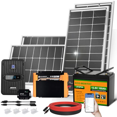 ECO-WORTHY 1.6KWH Complete Solar Panel Kit 400W 12V for RV Off Grid: 400W Solar Panels + 40A MPPT Charge Controller +12V 100Ah Lithium Battery + 1100W Solar Power Inverter + Bluetooth Module