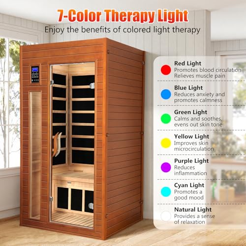 X-Vcak 1-2 Person Infrared Sauna, Dry Heat Sauna with Red Light Therapy, Bluetooth, Radio, 7-Color Therapy Light for Home, Indoor, Gym, Wellness Center, 36″ x 36″ x 73″