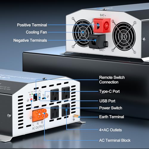 3000 Watt Pure Sine Wave Inverter 12v DC to 110v 120v AC Converter,6000W Peak Power Inverter with 4 AC Outlets,USB Port,Type-C,Remote Control LCD Display for Truck, RV, Vehicles, Solar Off-Grid