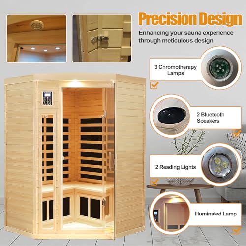 SALUSHEAT Far Infrared Wooden Sauna Room, 2-3 Person Home Sauna Canadian Hemlock Indoor Corner Sauna Spa, 2 Bluetooth Speakers, 2 LED Reading Lamp, 3 Chromotherapy Lights