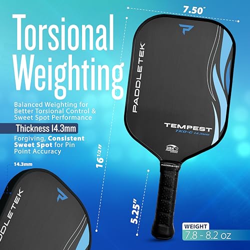 Paddletek Tempest TKO-C - Professional Pickleball Paddles with Polymer Honeycomb Core - PT-700 Unidirectional Carbon Fiber – Torsional Weighting & High Tack Performance Grip - USAPA Approved - Riptide