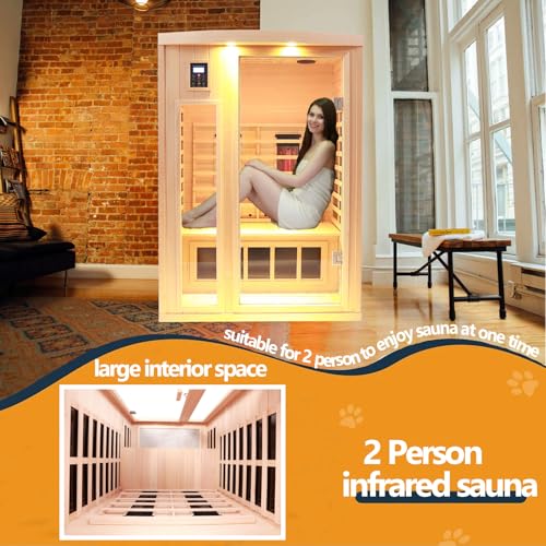 KUNSANA Ceramic Infrared Sauna, 2 Person Infrared Saunas for Home, Hemlock Wood Sauna Room, 2 in 1 Indoor Sauna with Low EMF Heaters + Ceramic Heating Cubes-Chromotherapy-Bluetooth Speaker