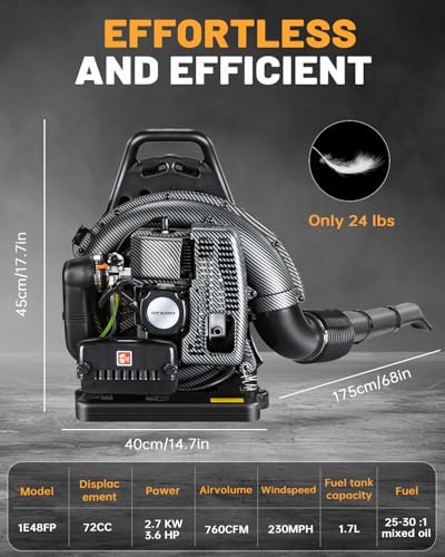 72CC Gas Backpack Leaf Blower - 2-Stroke Handheld-Class V Engine, 230 MPH 760 CFM, Adjustable Speed, Low Noise & Ergonomic Design, Cruise Control for Fast Yard Cleanup (Black)