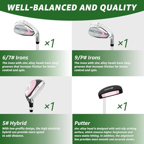 XDriveMax 5 Pieces Kids Golf Club Set, Junior Golf Club Set Ages 5-8 Includes Stand Bag, 5# Hybrid, 6/7#, 9/P# Irons and Putter Right Hand for Boys Girls,Pink