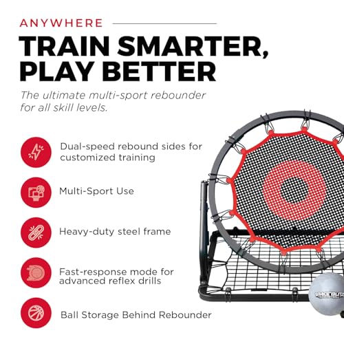 IE Sports Basketball Rebounder Multi-Sport Rebound Net with 9 Angle Adjustments and Return Attachment for Soccer, Pickleball and Baseball, Red
