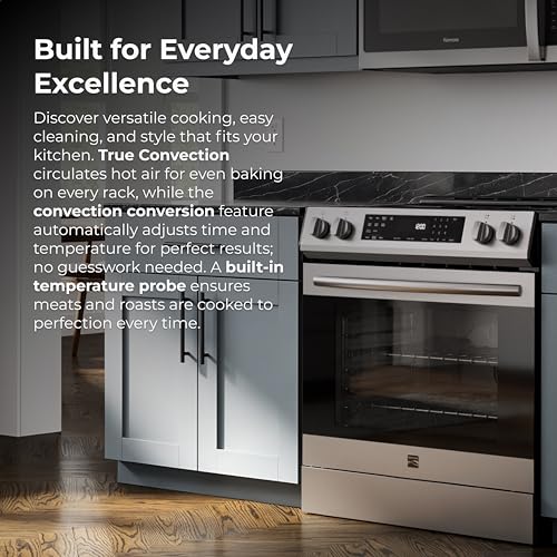 Kenmore 5.6 cu. ft. Front Control Electric Range Oven with 5 Elements - True Convection, Air Fry, Self Clean Oven, Temperature Probe, Ultra Durable Chrome Racks, Large Window - Stainless Steel
