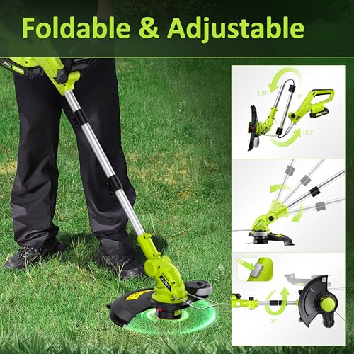 JAGROM Electric String Trimmer Cordless with 2x2.0Ah Battery, 20V Battery Powered 12-inch Lawn Mover & Edger Lawn Tool with Charger, Powered Grass Trimmer with 8pcs Spool Line for Yard, Garden, Green