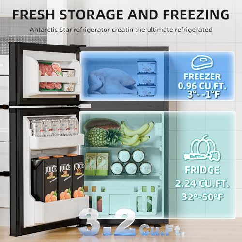Antarctic Star Compact Refrigerator with Freezer,2 Door Mini Fridge,Adjustable Shelf,Small Fridge for Bedroom Office Dorm Kitchen,3.2 Cu.Ft.BLACK