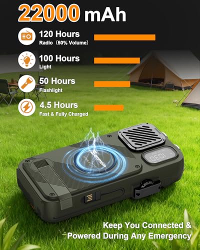 Emergency Radio&22000mAh Solar Power Bank, FM NOAA Weather Radio, Portable Hand Crank Bluetooth Radio, 20W Fast Charge Wireless Phone Charger, SOS Flashlight for Emergency/Home