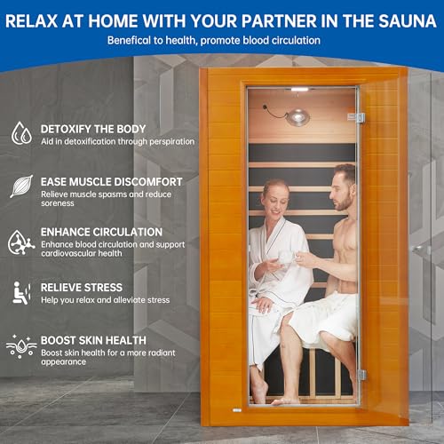 RESTISLAND Infrared Sauna Room for Home, Near Zero EMF Indoor Home Sauna for up to 2 Person with Infrared Red Light Therapy, Bluetooth Speakers, Canadian Hemlock Wood