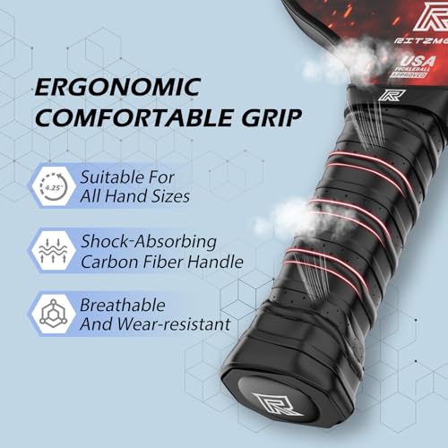 Ritzmed USAPA Approved Pickleball Paddles Set of 4 - T-300 Carbon Fiber Surface for Spin & Control - Lightweight Honeycomb Core Reduces Noise - Portable Set with Bag for Family
