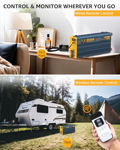 MWXNE 3000W Pure Sine Wave Power Inverter DC 12V to 110V 120V with Fast Charging Type-C& 3 USB Ports LCD Display Remote Controller Power Inverters for Vehicles,RV,Truck,Home,Off-Grid Solar System