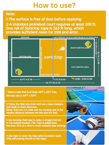 SONICTOP Pickleball Court Tape, 2" x 263 ft Lengthened Pickleball Court Marking Kit Makes Full Size Outdoor Court Tape for Temporary Court Lines No Residue Easy Installation(White)