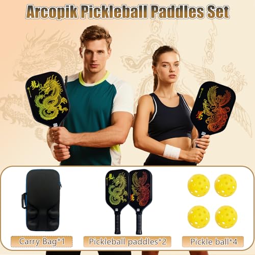 Pickleball Paddles Set of 2 – Lightweight Carbon Fiber Pickleball Paddles, Durable 2 Paddles + 4 Outdoor Balls + Bag, Best for Beginner & Pro
