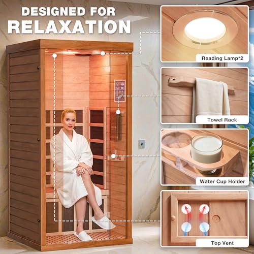 Saunapro 1- Person Infrared Sauna, Remotely Controllable Indoor Sauna, Low EMF 1200W/120V LCD Heater, WiFi & BT Control, 9-Color Light Therapy, Safe Flame-Retardant Material, Wood