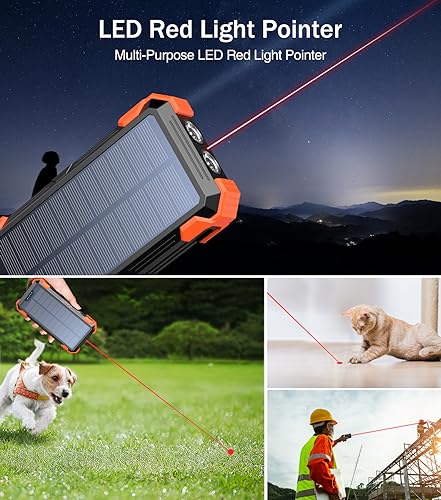 GOODaaa Portable Charger 42800mAh Built in 4 Cables and Thermometer 15W Fast Charging Power Bank Five Outputs Three Inputs Solar Charger Power Bank, SOS/Strobe/Strong Flashlights, Carabiner
