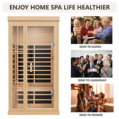 Kanlanth 1-2 Person Infrared Sauna, Hemlock Wood Low EMF Far Infrared Saunas for Home, APP Control 1350w Indoor Personal Sauna Room with Blue-Tooth, 7 Color Therapy Light, 7 Heating Panels