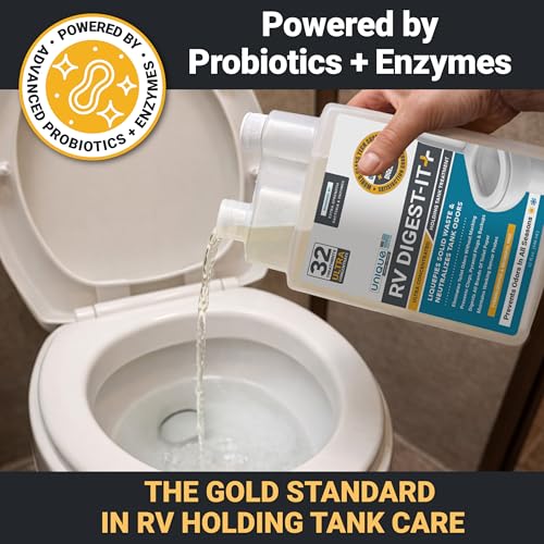 Unique RV Digest-It Ultra RV Toilet Treatment, 32 Uses, Super Concentrated, Eliminates Smells, Liquifies Waste, Easy-Measure Preventive Bio-Enzymatic Holding Tank Treatment, Package May Vary (32 oz)
