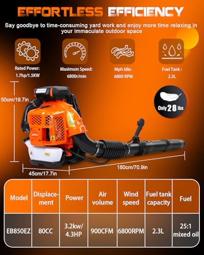 Getell 80cc Gas Backpack Leaf Blower, 900CFM 206MPH 2-Stroke Engine, Heavy-Duty Leaf & Snow Blower for Lawn, Garden & Commercial Use (853 EZ)