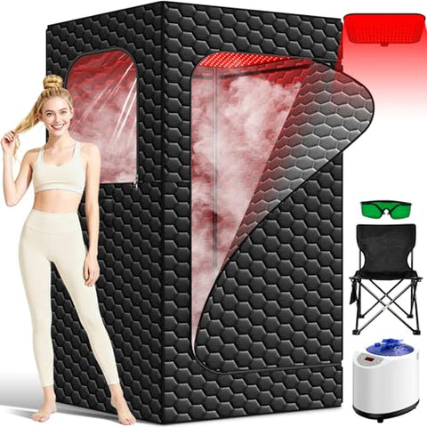 bsdonte Infrared Sauna Box, 160 LEDs Red Light Sauna Steam Room, Portable Steam Sauna Tent with 3L/1200W Steamer, 15 Heating Levels, Folding Chair, Indoor Saunabox for Home Steam Spa