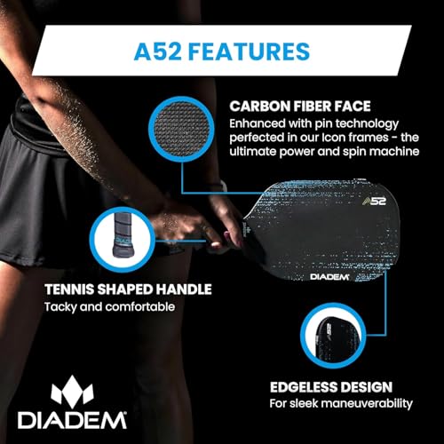 Diadem A52 USAPA Approved Pickleball Paddle - Thermoformed, Edgeless, with Carbon Fiber Face, 13.7 mm Honeycomb Core (Blue)