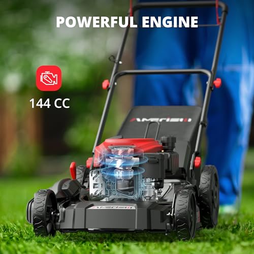 21" Steel Deck Gas Lawn Mower, 3-in-1 Push Mower, 144cc 4-Stroke OHV Engine, 6 Height Adjustment, 1.4 Bushel Grass Catcher with Bagging, Mulching & Side Discharge Efficient for Yard Garden