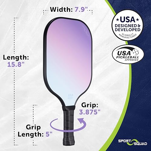Sport Squad Lightweight Graphite Fiberglass Pickleball Paddle Designed for More Power and Consitency - Polypropylene Honeycomb Core - USAP Approved - Tacky Cushion Pickleball Grip - for Kids + Adults