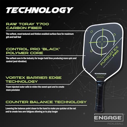 Engage Pursuit Pro EX Pickleball Paddle – Widebody Shape, Raw T700 Toray Carbon Fiber Face, 13mm Control Pro “Black” Core (Alpine Lime, Lite (7.5-7.8oz))