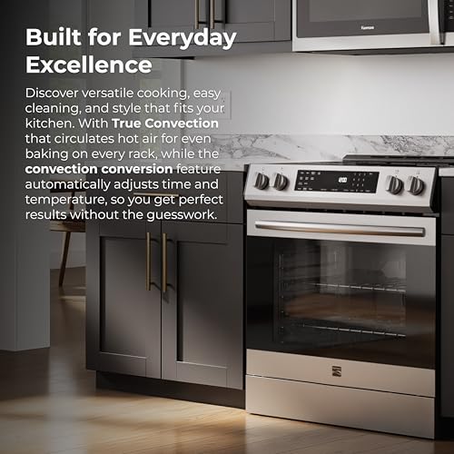Kenmore 2296833 5.6 cu. ft. Front Control Electric Range Oven - True Convection with 5 Elements, Steam Clean Oven, Broil Function, Chrome Racks, Precision Set Controls, Large Window - Stainless Steel
