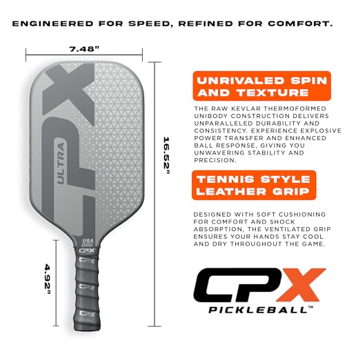 CPX Ultra Series Fiber-Reinforced Friction Surface Pickleball Paddle - 16mm Polypropylene Honeycomb Core, Lightweight for Speed (Titanium)