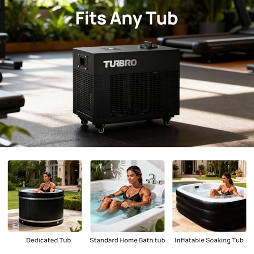 TURBRO 1 HP 9,300BTU, Cold Plunge Chiller, Smart Ice Bath Water Chiller with Schedule Timer, Dual Filters and Ozone Generator, Wheels, Handles, Insulated Pipes, for Athlete Recovery and Therapy, F85