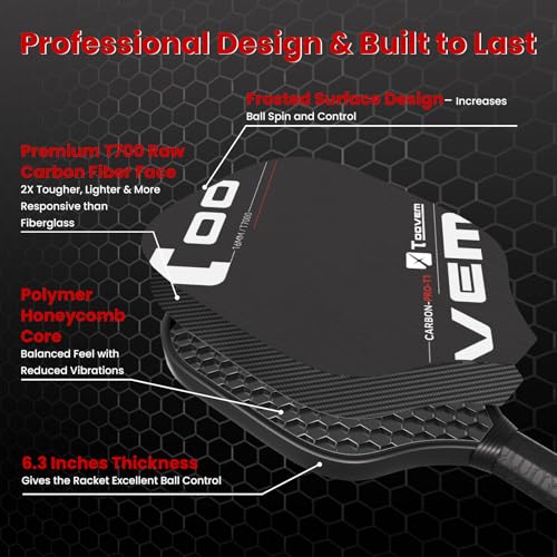Toovem Pro Pickleball Paddle – Carbon Fiber Pickleball Paddle with T700 Layers & Polypropylene Core, Lightweight Professional Pickle Ball Racket for Power & Control, Whole Set with 2 Balls & Bag