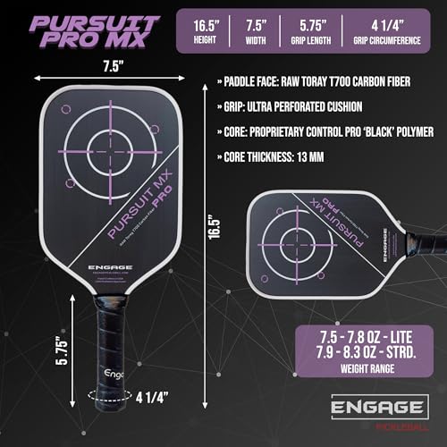 Engage Pursuit Pro MX Pickleball Paddle – Elongated Shape, Raw T700 Toray Carbon Fiber Face, 13mm Control Pro “Black” Core (Deep Magenta, Light (7.5-8.0oz))