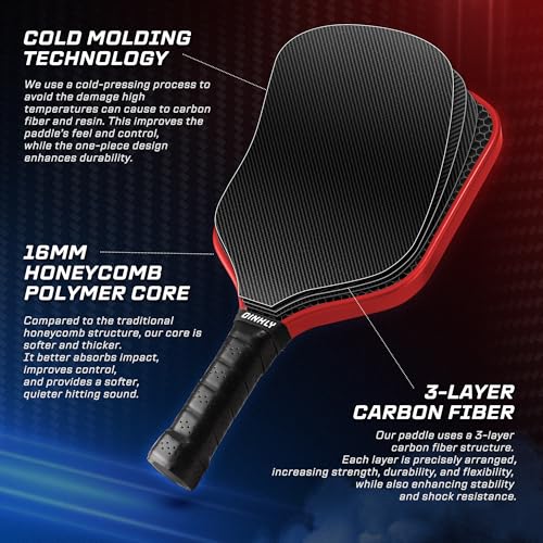 Dinkly Raw Carbon Pickleball Paddles Set of 2, T700 Carbon Fiber Rackets with 16MM Honeycomb Polymer Core, 4 Balls and 1 Portable Carry Bag, USAPA Approved Pickleball Set for Men, Women, Red & Blue