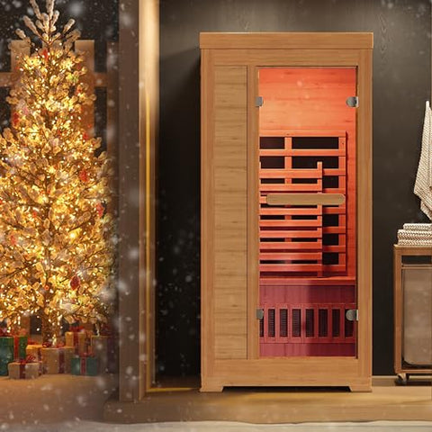 Rotihom 1-2 Person 6.3Ft Infrared Sauna, 7 Color Full Spectrum Wood Dry Sauna. Canadian Hemlock Indoor Saunas with 1745W 20Min Fast Heating & Music Speakers for Home & Gym (40" Lx36 Wx76 H)