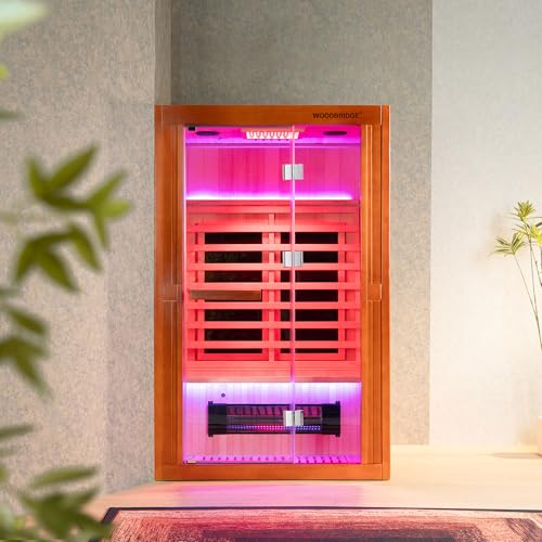 Woodbridge Infrared Home Sauna Room 2 Person Japanese Cedar Indoor Sauna with 7 Carbon Heaters, Red Light Therapy, Bluetooth Speaker, Intelligent Control Panel, Tempered Glass & Top Vent