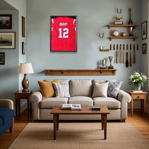 Grintus Jersey Frame Display Case Jersey Display Case Jersey Shadow Box with Uv Protection Acrylic and Hanger for Baseball Basketball Football Soccer Hockey Sport Shirt and Uniform,Black Finish