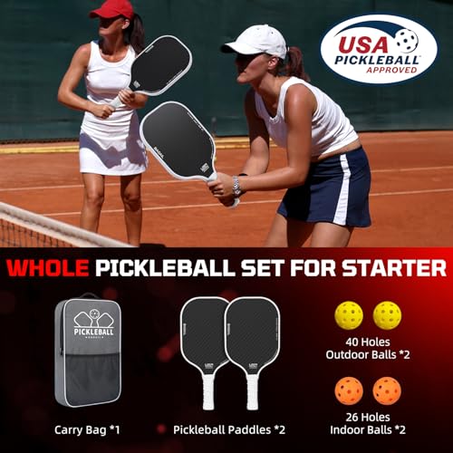BAGAIL Pickleball Paddles, USAPA Approved Fiberglass Surface Pickleball Set, Lightweight Pickle Ball Rackets with 4 Balls, 1 Bag, Designed in California for Traction and Stability - 2 Pack, White