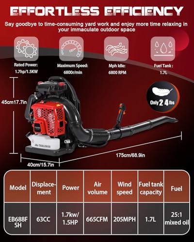 Thalorus 63CC Gas Backpack Leaf Blower, 2-Stroke, 665 CFM, 205 MPH, Variable Speed & Cruise Control, Ergonomic Harness, Reduced Emissions, for Fast Yard Cleanup (TR695 Pro)