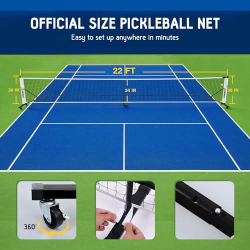 Patiassy Pickleball Net Set with Wheels and Pickleball Court Marking Kit 22 FT Regulation Size Portable Pickleball Nets with Net Tension Adjuster, 8 Sandbags for Outdoor Indoor Driveway (White)