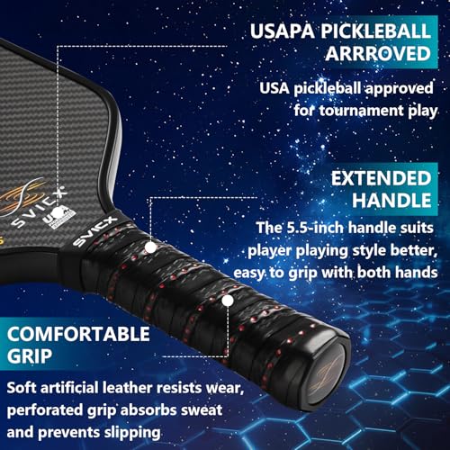 SVICX Pickleball Paddles,Carbon Fiber Pickleball Paddle,16mm - High Performance,USAPA Approved,Extended Handle for Two-Handed Grip,Enhanced Control & Power (3K+T700 Carbon Fiber (Black))