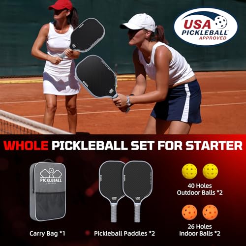 BAGAIL Pickleball Paddles, USAPA Approved Fiberglass Surface Pickleball Set, Lightweight Pickle Ball Rackets with 4 Balls, 1 Bag, Designed in California for Traction and Stability - 2 Pack, Gray