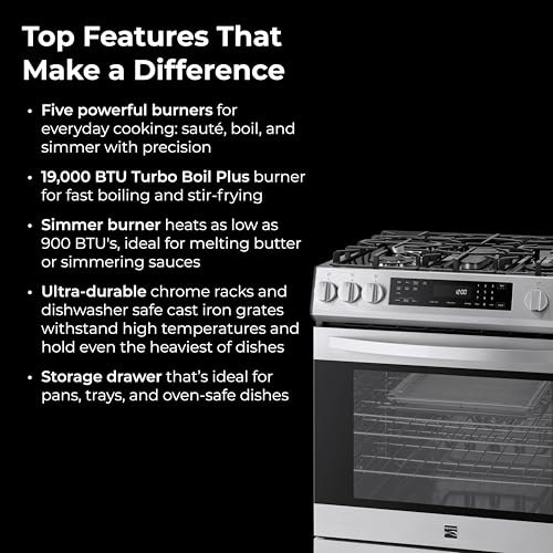 Kenmore 5.6 cu. ft. Front Control Gas Range Oven with 5 Cooktop Burners - True Convection, Air Fry, Turbo Boil, Self Clean, Dishwasher Safe Grates, Three Chrome Racks, LP Kit - Stainless Steel