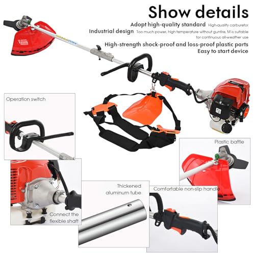 Gas Weed Eater, 52cc 2 Stroke Weed Wacker 6 in 1 Lawn Mover Include String Trimmer Brush Cutter Pole Saw Hedge Trimmer for Yard Garden Care 9500rpm 3000r/min Engine Speed 120cc Oil Tank Orange