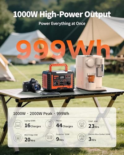 EBL Portable Power Station 1000W, 999Wh Solar Generator 2000W Peak, AC/Wireless Charging/60W USB-C Output, Lithium Battery for Emergency, Home Backup, Camping, RV, Off-Grid Living