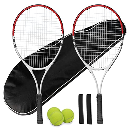 Tennis Racket Pre-Strung Lightweight 27 Inch Racquet Recreational Adult Rackets for Men Women Students Training Tennis Starter Kit with Balls,Carry Bag and Overgrips (Red/White - 2 Rackets)