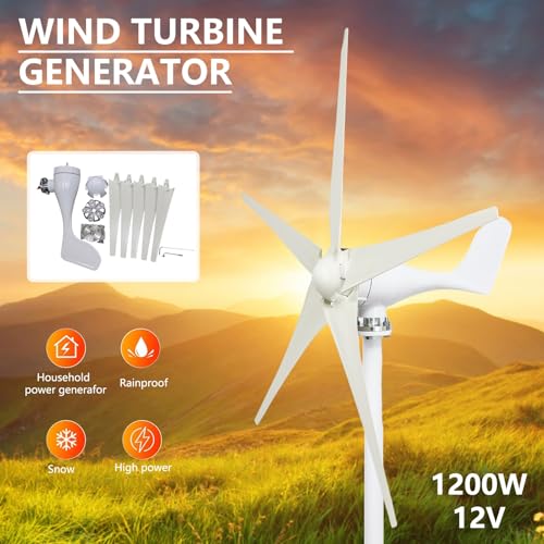 Wind Power Generator,1200W Wind Turbine Generator Kit with 5 Blades, Winds Turbine Kit with MPPT Controller Energy Windmill Generator Suit for Boats, Gazebos, Chalets, or Mobile Homes White