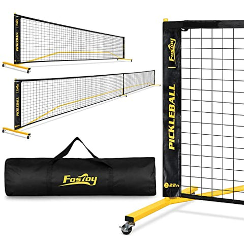 Portable Pickleball Net Set with Wheels, Regulation Size 22 FT & Half Court 11 FT, Steady Metal Frame Pickle Ball Net Set System with Carry Bag for Backyards, Driveways, and Garages (Black&Yellow)