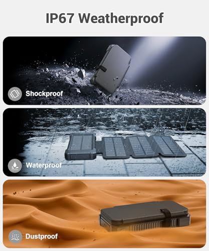 Solar Power Bank 38800mAh with 4 Solar Panels, Portable Charger USB C 18W Fast Charging for iPhone Samsung, IP67 Waterproof Outdoor External Battery Pack with Flashlight/SOS/Strobe (Black, 38800mAh)